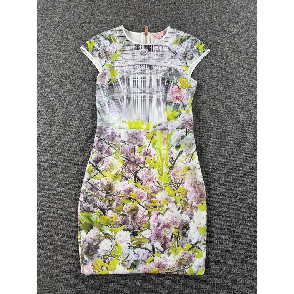 Ted Baker Floral Print Sheath Dress in White, Pink, Green